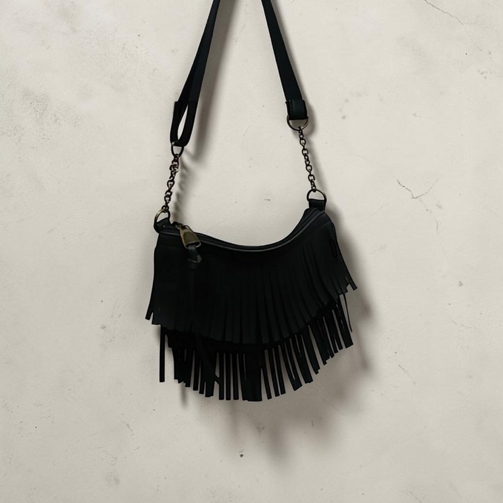 Brea Boho Chic Black Fringe Crossbody Bag With Gold Hardware - Picture 2 of 16